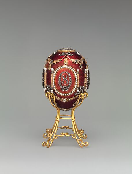 Imperial Caucasus Egg, House of Carl Fabergé, Yellow and quatre-couleur gold, silver, platinum, guilloché enamel, rose- and table-cut diamond, pearl, crystal, ivory, watercolor, Russian, St. Petersburg