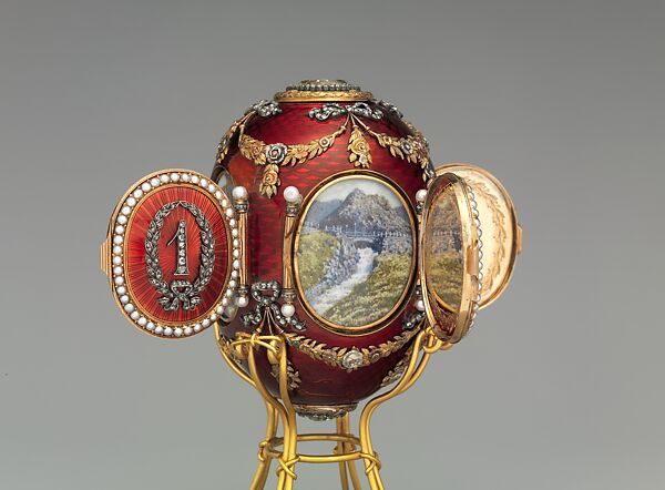 Imperial Caucasus Egg, House of Carl Fabergé, Yellow and quatre-couleur gold, silver, platinum, guilloché enamel, rose- and table-cut diamond, pearl, crystal, ivory, watercolor, Russian, St. Petersburg