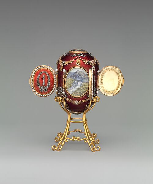 Imperial Caucasus Egg, House of Carl Fabergé, Yellow and quatre-couleur gold, silver, platinum, guilloché enamel, rose- and table-cut diamond, pearl, crystal, ivory, watercolor, Russian, St. Petersburg 