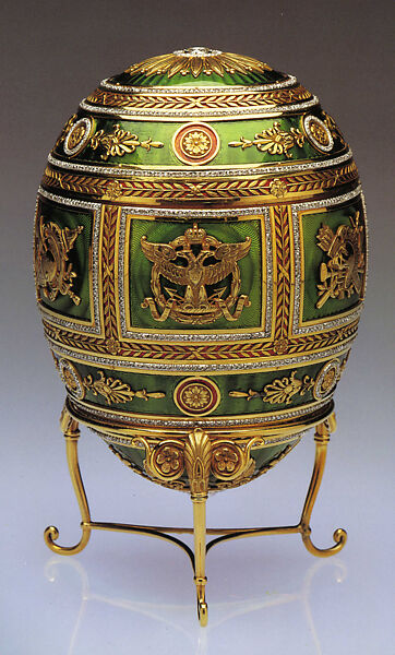 Imperial Napoleonic Egg, House of Carl Fabergé, Gold, guilloché enamel, rose-cut diamond, platinum, gold, ivory, gouache, velvet, silk, Russian, St. Petersburg
