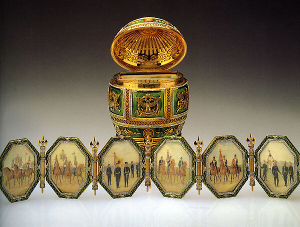 Imperial Napoleonic Egg, House of Carl Fabergé, Gold, guilloché enamel, rose-cut diamond, platinum, gold, ivory, gouache, velvet, silk, Russian, St. Petersburg