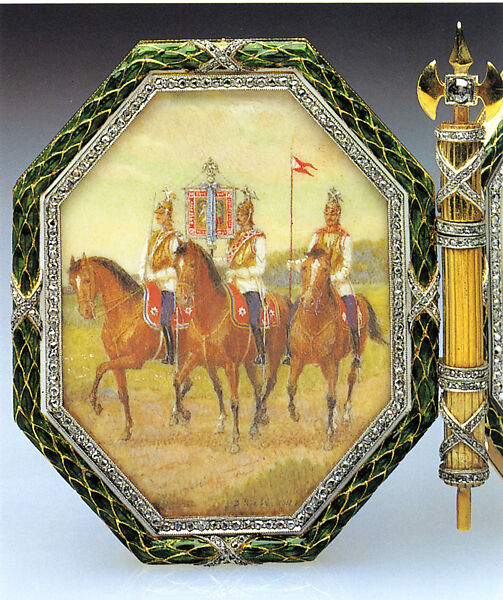 Imperial Napoleonic Egg, House of Carl Fabergé, Gold, guilloché enamel, rose-cut diamond, platinum, gold, ivory, gouache, velvet, silk, Russian, St. Petersburg