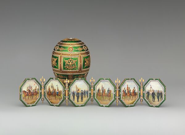 Imperial Napoleonic Egg, House of Carl Fabergé, Gold, guilloché enamel, rose-cut diamond, platinum, gold, ivory, gouache, velvet, silk, Russian, St. Petersburg