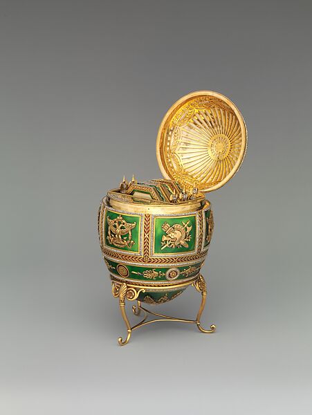 Imperial Napoleonic Egg, House of Carl Fabergé, Gold, guilloché enamel, rose-cut diamond, platinum, gold, ivory, gouache, velvet, silk, Russian, St. Petersburg