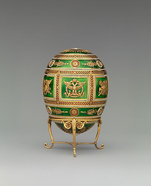 Imperial Napoleonic Egg, House of Carl Fabergé, Gold, guilloché enamel, rose-cut diamond, platinum, gold, ivory, gouache, velvet, silk, Russian, St. Petersburg