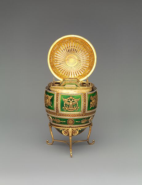 Imperial Napoleonic Egg, House of Carl Fabergé, Gold, guilloché enamel, rose-cut diamond, platinum, gold, ivory, gouache, velvet, silk, Russian, St. Petersburg