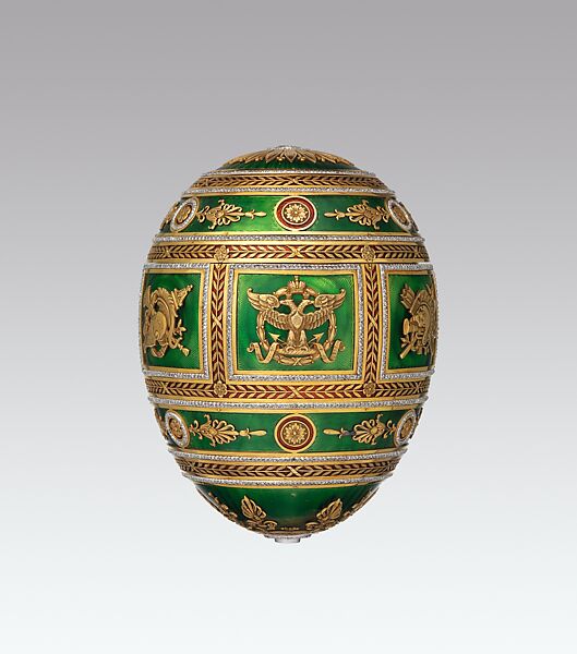 Imperial Napoleonic Egg, House of Carl Fabergé, Gold, guilloché enamel, rose-cut diamond, platinum, gold, ivory, gouache, velvet, silk, Russian, St. Petersburg 