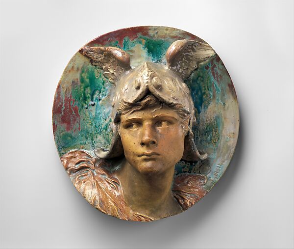 Head of Mercury, Emmanuel Hannaux (French, Metz 1855–1934), Glazed stoneware, French 