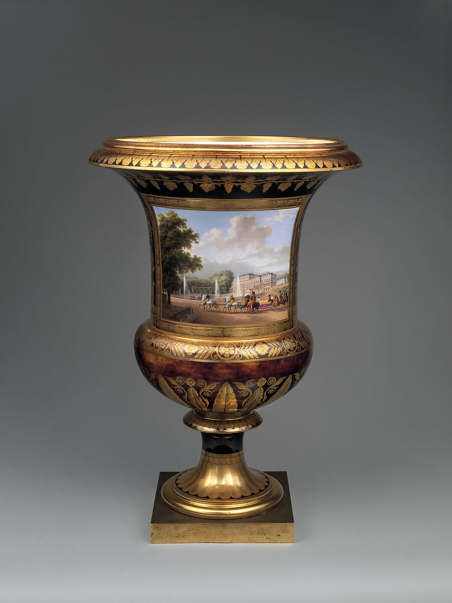Medici vase with a scene of the château at Saint-Cloud (one of a pair), Sèvres Manufactory (French, 1740–present), Hard-paste porcelain decorated in polychrome enamels, gold, gilt bronze, French, Sèvres 