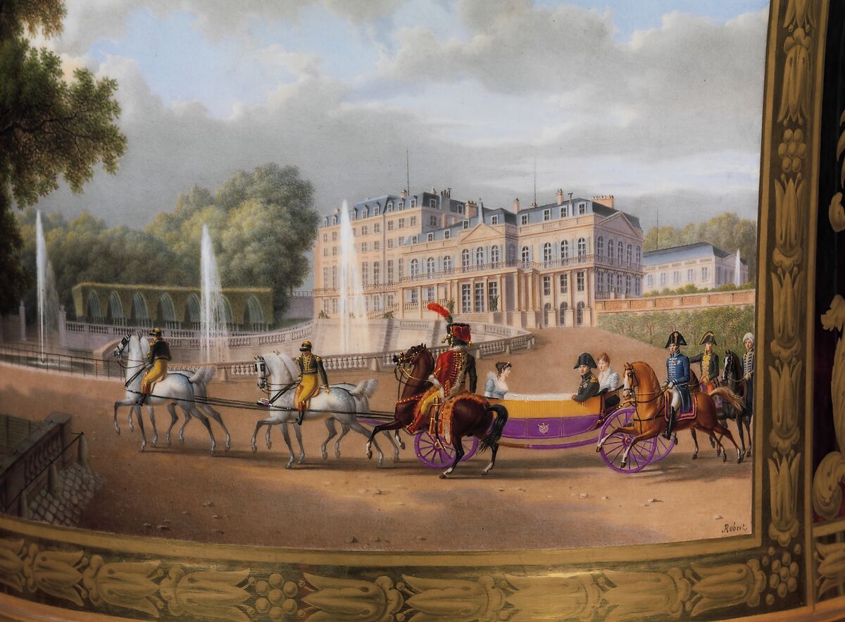 Medici vase with a scene of the château at Saint-Cloud (one of a pair), Sèvres Manufactory (French, 1740–present), Hard-paste porcelain decorated in polychrome enamels, gold, gilt bronze, French, Sèvres