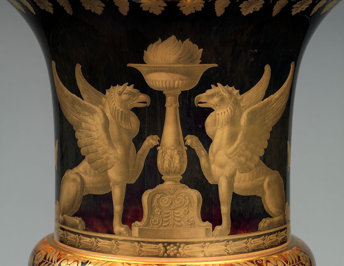 Medici vase with a scene of the château at Saint-Cloud (one of a pair), Sèvres Manufactory (French, 1740–present), Hard-paste porcelain decorated in polychrome enamels, gold, gilt bronze, French, Sèvres
