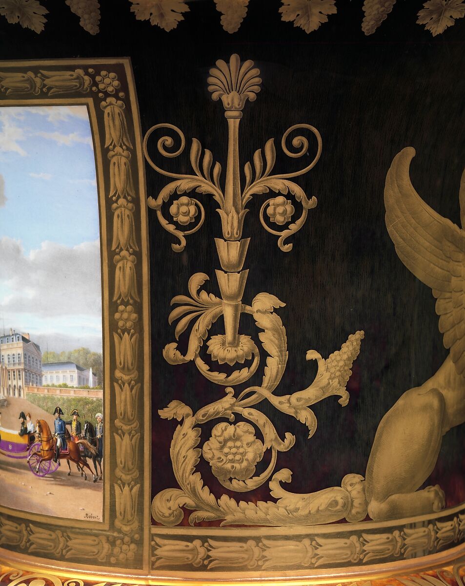 Medici vase with a scene of the château at Saint-Cloud (one of a pair), Sèvres Manufactory (French, 1740–present), Hard-paste porcelain decorated in polychrome enamels, gold, gilt bronze, French, Sèvres