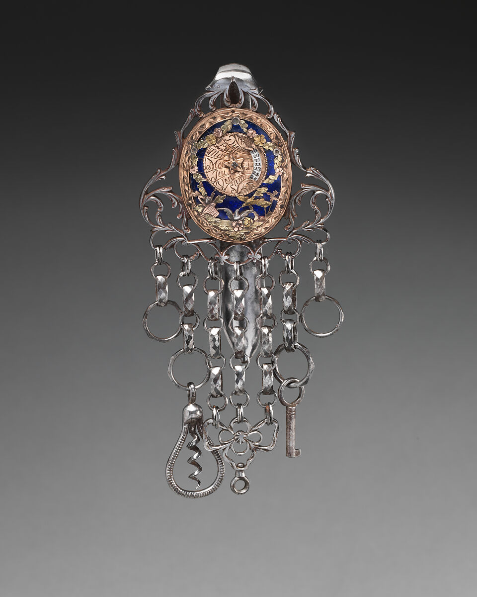 Chatelaine with calendar, Steel, enameled gold, French 