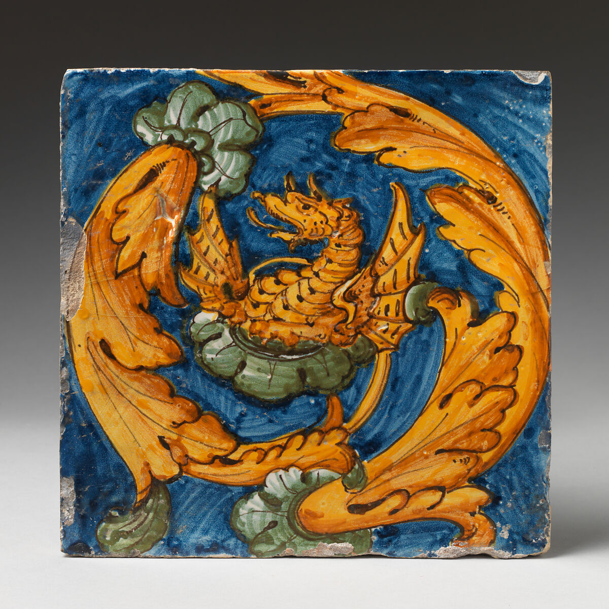 Tile with dragon, Maiolica (tin-glazed earthenware), Italian, Rome 