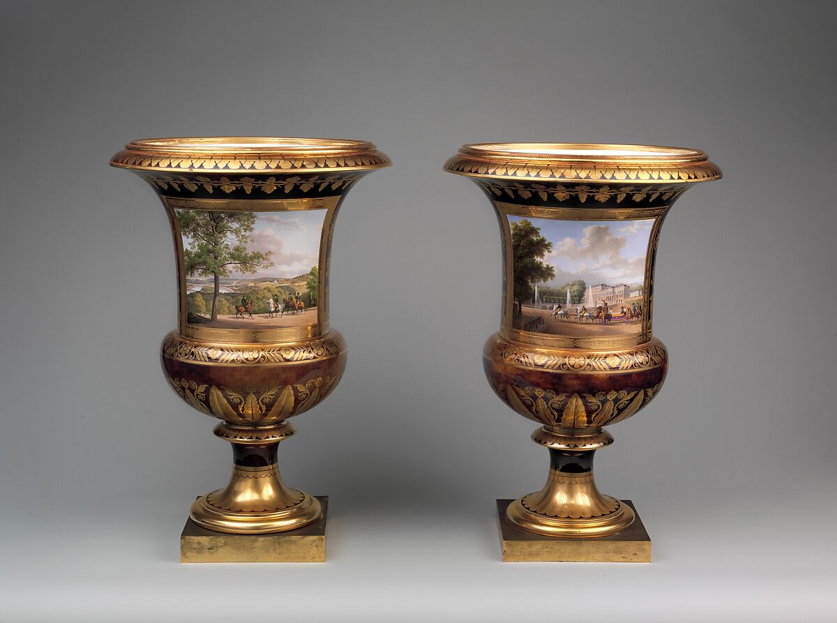 Medici vase with a scene of the park at Saint-Cloud (one of a pair), Sèvres Manufactory (French, 1740–present), Hard-paste porcelain decorated in polychrome enamels, gold, gilt bronze, French, Sèvres