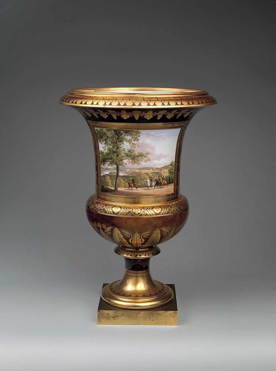 Medici vase with a scene of the park at Saint-Cloud (one of a pair), Sèvres Manufactory (French, 1740–present), Hard-paste porcelain decorated in polychrome enamels, gold, gilt bronze, French, Sèvres 