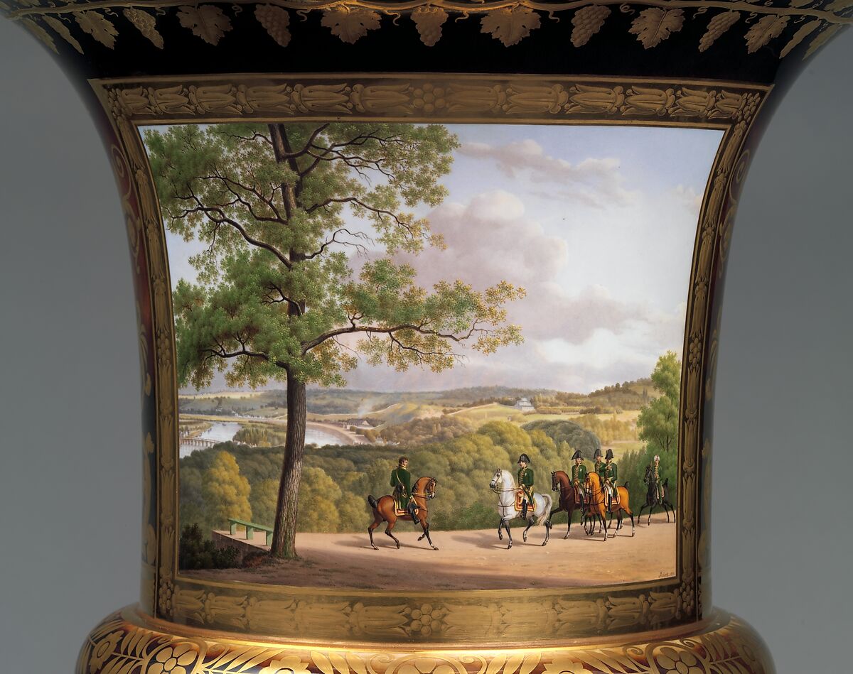 Medici vase with a scene of the park at Saint-Cloud (one of a pair), Sèvres Manufactory (French, 1740–present), Hard-paste porcelain decorated in polychrome enamels, gold, gilt bronze, French, Sèvres