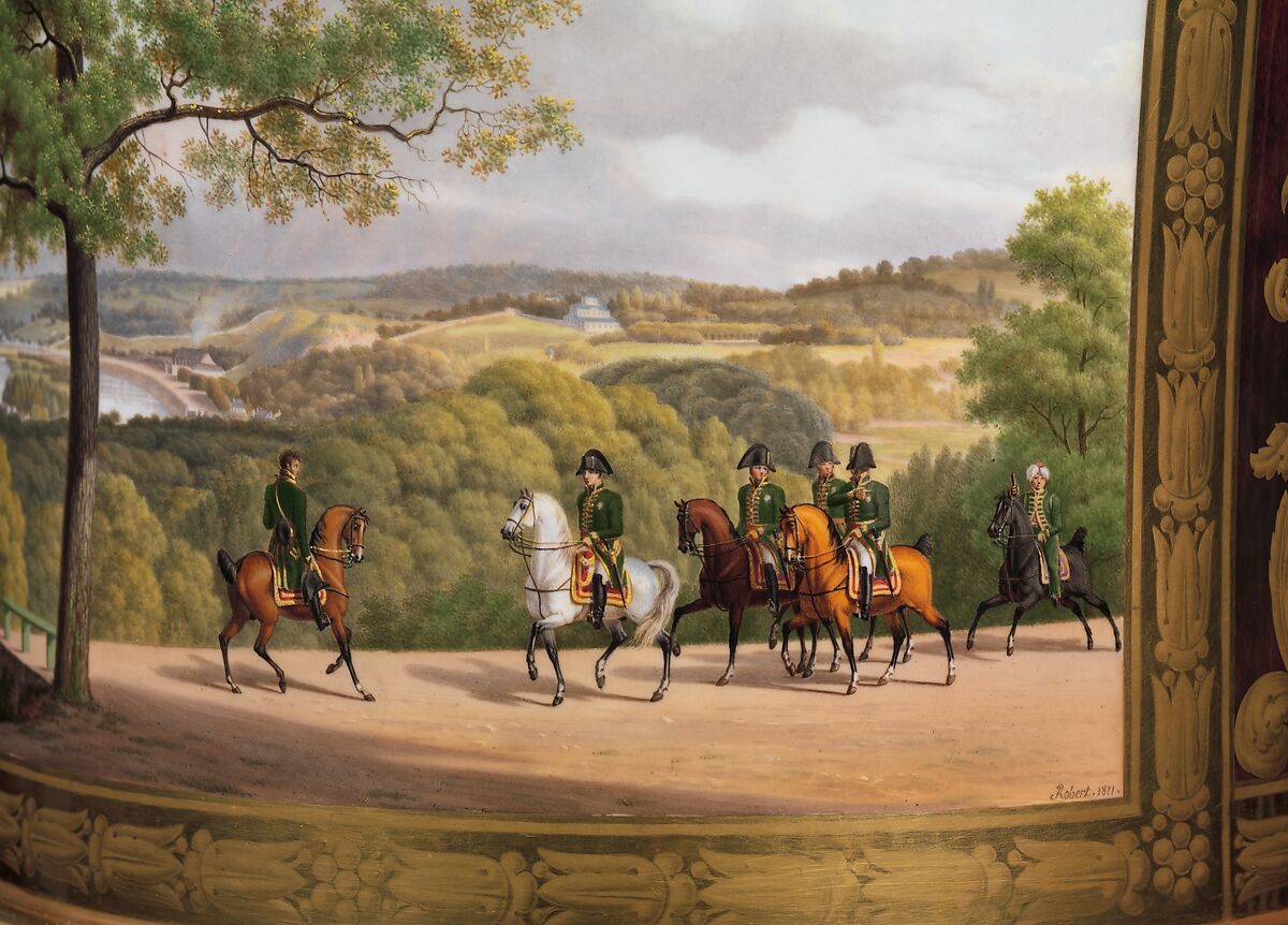 Medici vase with a scene of the park at Saint-Cloud (one of a pair), Sèvres Manufactory (French, 1740–present), Hard-paste porcelain decorated in polychrome enamels, gold, gilt bronze, French, Sèvres