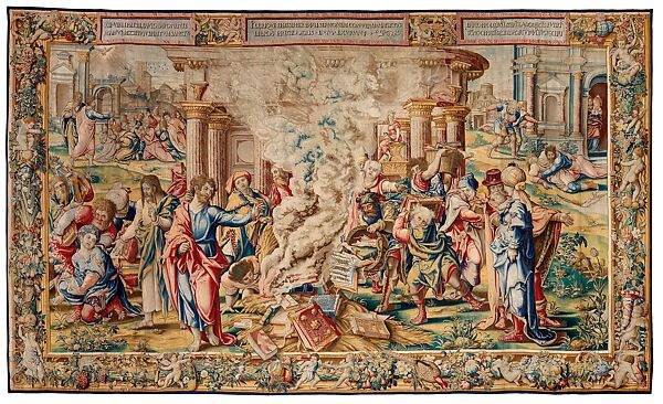 Story of Saint Paul: The Burning of the Books at Ephesus, Pieter Coecke van Aelst (Netherlandish, Aelst 1502–1550 Brussels), Wool and silk, Netherlandish, Brussels 