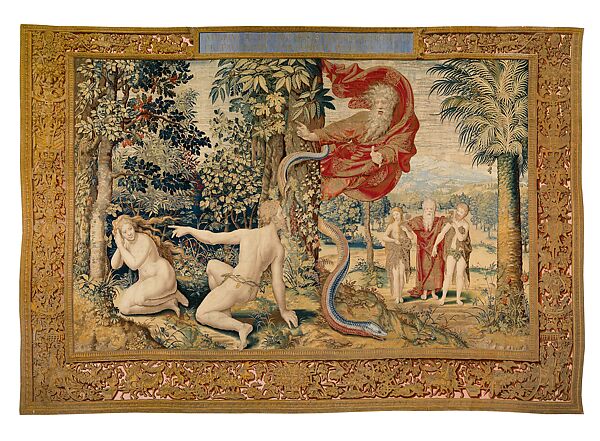 Story of Creation: God Accuses Adam and Eve After the Fall, Designed by Pieter Coecke van Aelst (Netherlandish, Aelst 1502–1550 Brussels), Wool, silk and gilt metallic thread, Netherlandish, Brussels 