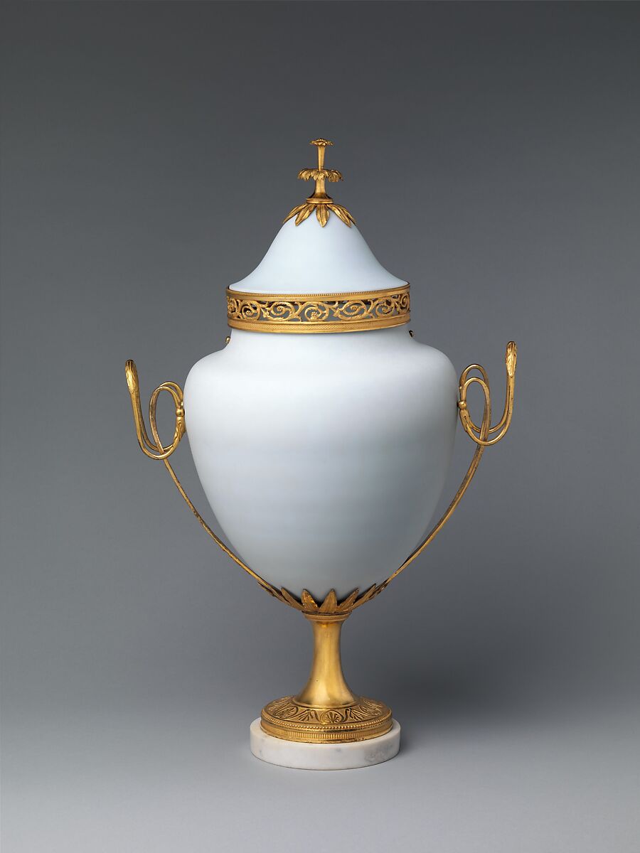 Potpourri vase, Karl Friedrich Schinkel (German, Neuruppin 1781–1841 Berlin), Glass, gilded yellow metal, marble, German, Berlin 