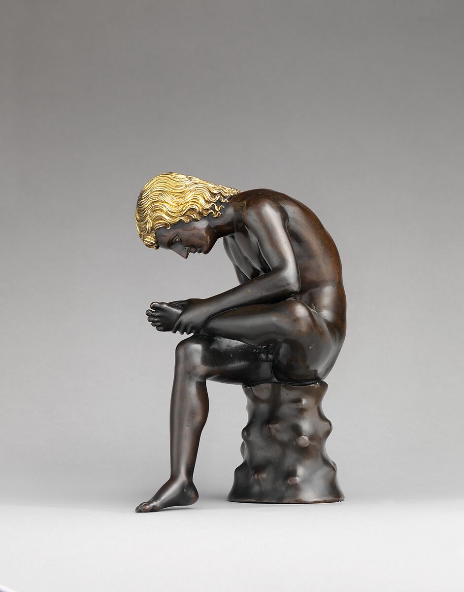 Spinario (boy pulling a thorn from his foot), Antico (Pier Jacopo Alari Bonacolsi) (Italian, Mantua ca. 1460–1528 Gazzuolo), Bronze, partially gilt (hair) and silvered (eyes), Italian, Mantua