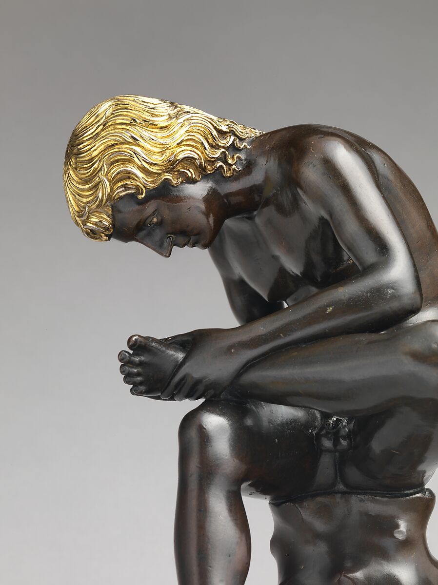 Spinario (boy pulling a thorn from his foot), Antico (Pier Jacopo Alari Bonacolsi) (Italian, Mantua ca. 1460–1528 Gazzuolo), Bronze, partially gilt (hair) and silvered (eyes), Italian, Mantua