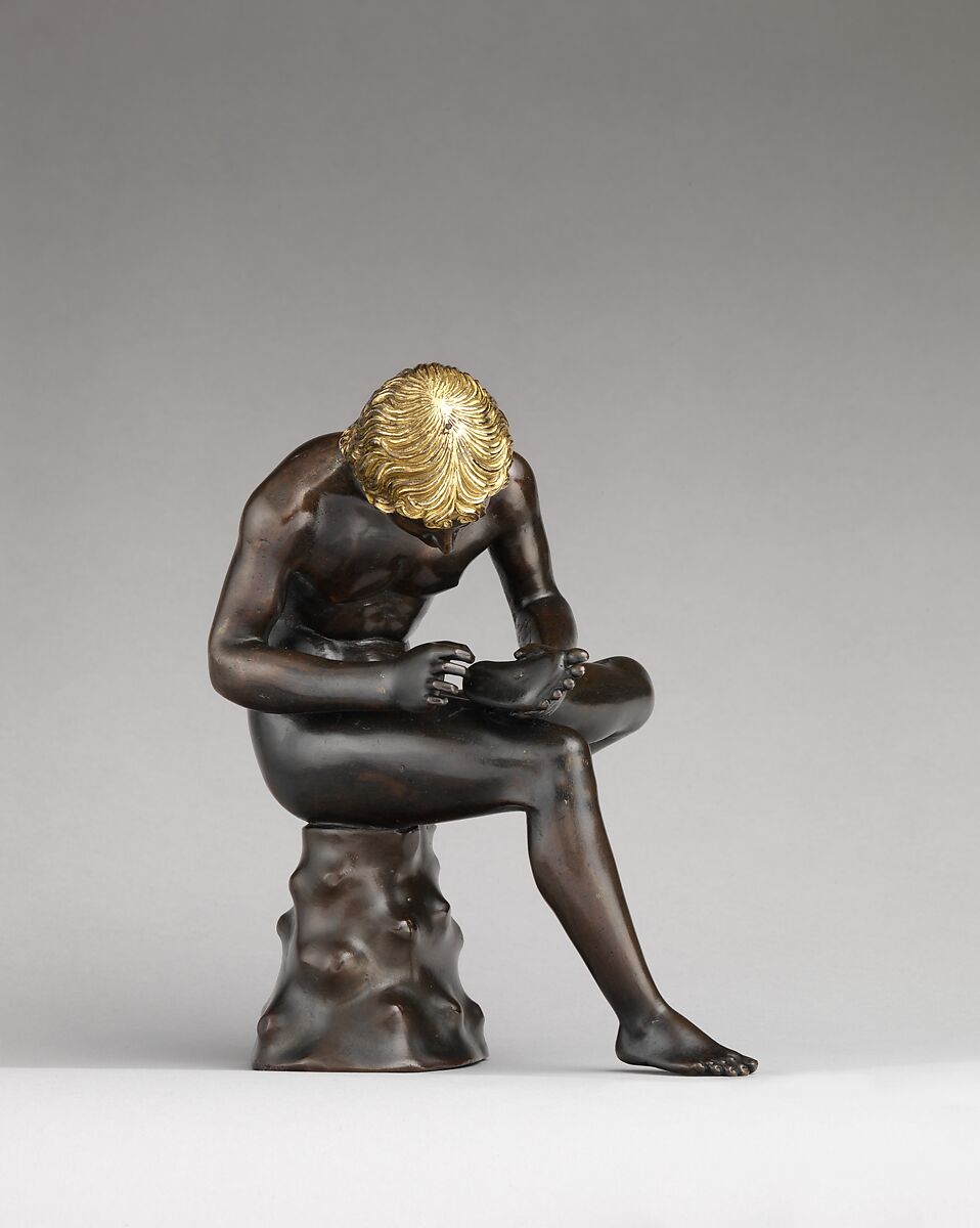Spinario (boy pulling a thorn from his foot), Antico (Pier Jacopo Alari Bonacolsi) (Italian, Mantua ca. 1460–1528 Gazzuolo), Bronze, partially gilt (hair) and silvered (eyes), Italian, Mantua