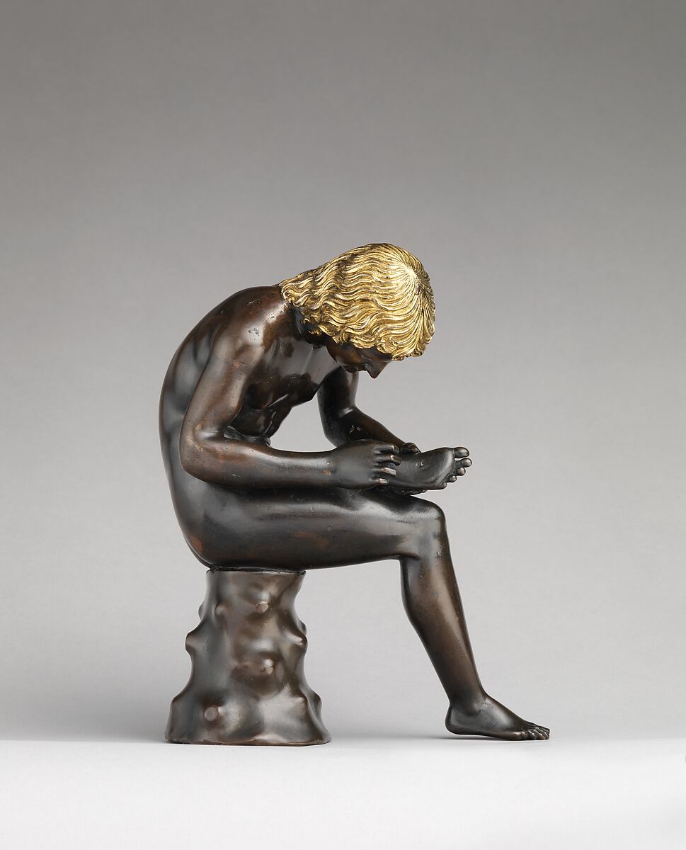 Spinario (boy pulling a thorn from his foot), Antico (Pier Jacopo Alari Bonacolsi) (Italian, Mantua ca. 1460–1528 Gazzuolo), Bronze, partially gilt (hair) and silvered (eyes), Italian, Mantua