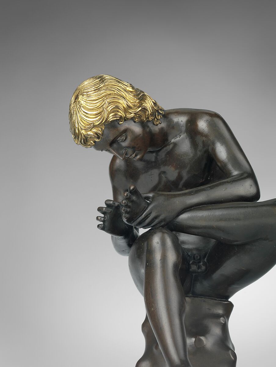 Spinario (boy pulling a thorn from his foot), Antico (Pier Jacopo Alari Bonacolsi) (Italian, Mantua ca. 1460–1528 Gazzuolo), Bronze, partially gilt (hair) and silvered (eyes), Italian, Mantua
