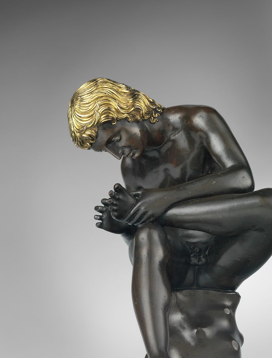 Spinario (boy pulling a thorn from his foot), Antico (Pier Jacopo Alari Bonacolsi) (Italian, Mantua ca. 1460–1528 Gazzuolo), Bronze, partially gilt (hair) and silvered (eyes), Italian, Mantua