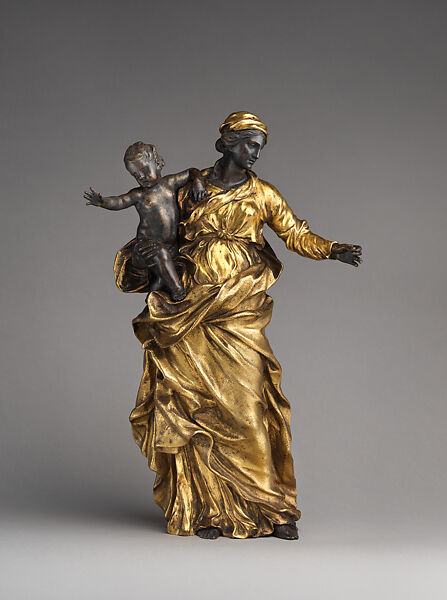 Virgin and Child, Alessandro Algardi (Italian, Bologna 1598–1654 Rome), Bronze, silvered and gilt; black/blue marble, Italian, Rome 