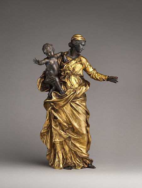 Virgin and Child, Alessandro Algardi (Italian, Bologna 1598–1654 Rome), Bronze, silvered and gilt; black/blue marble, Italian, Rome