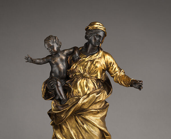 Virgin and Child, Alessandro Algardi (Italian, Bologna 1598–1654 Rome), Bronze, silvered and gilt; black/blue marble, Italian, Rome