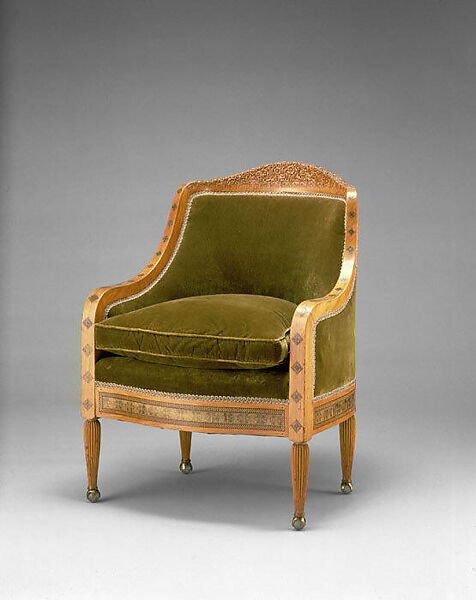 Armchair, Louis C. Tiffany (American, New York 1848–1933 New York), Prima vera, American ash (secondary wood); marquetry of various woods and brass; replacement upholstery, American