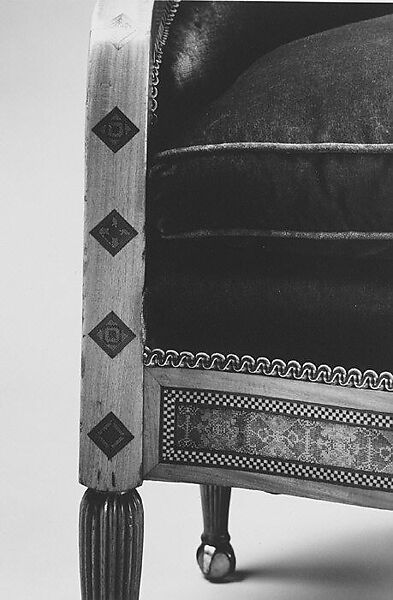 Armchair, Louis C. Tiffany (American, New York 1848–1933 New York), Prima vera, American ash (secondary wood); marquetry of various woods and brass; replacement upholstery, American