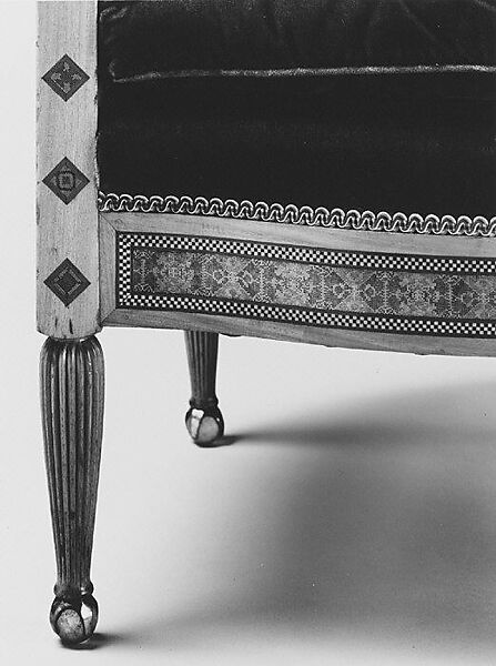 Armchair, Louis C. Tiffany (American, New York 1848–1933 New York), Prima vera, American ash (secondary wood); marquetry of various woods and brass; replacement upholstery, American