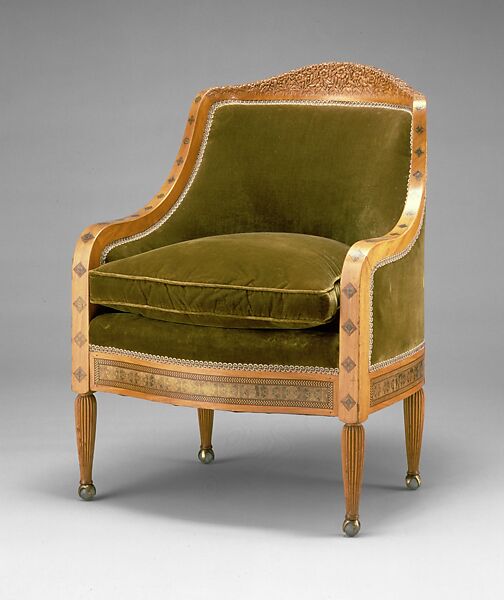 Armchair, Louis C. Tiffany (American, New York 1848–1933 New York), Prima vera, American ash (secondary wood); marquetry of various woods and brass; replacement upholstery, American
