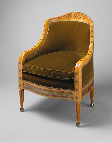 Armchair, Louis C. Tiffany  American, Prima vera, American ash (secondary wood); marquetry of various woods and brass; replacement upholstery, American