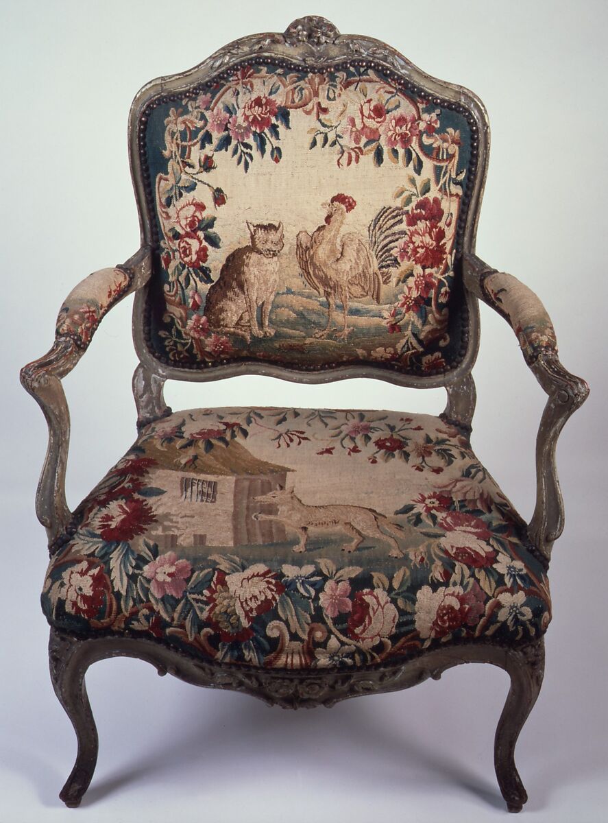Armchair (part of a set of nine), Tapestry woven at Aubusson (Manufacture Royale, est. 1665: Manufacture, ca. 1812–present day), Carved and painted walnut; Aubusson tapestry upholstery, French 