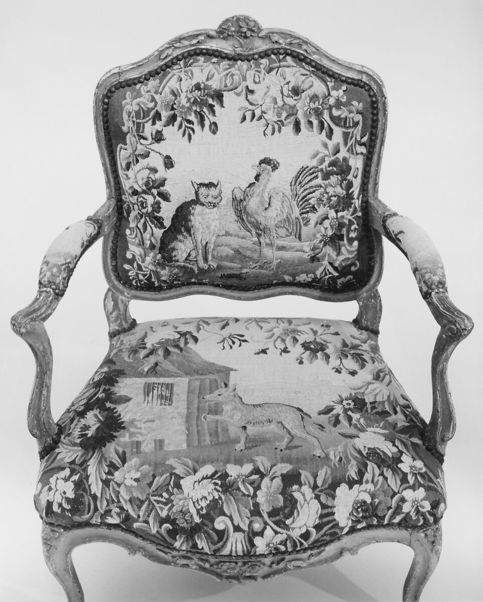 Armchair (part of a set of nine), Tapestry woven at Aubusson (Manufacture Royale, est. 1665: Manufacture, ca. 1812–present day), Carved and painted walnut; Aubusson tapestry upholstery, French