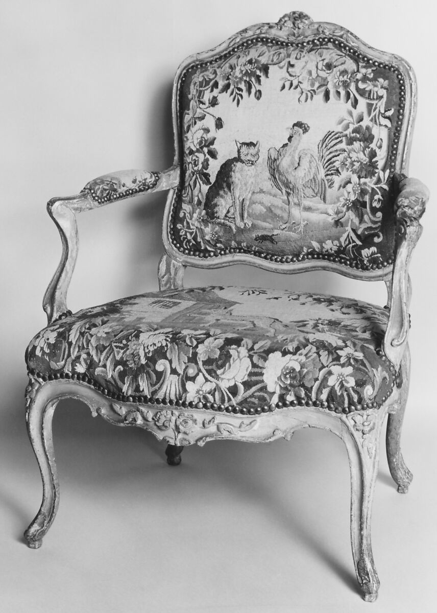 Armchair (part of a set of nine), Tapestry woven at Aubusson (Manufacture Royale, est. 1665: Manufacture, ca. 1812–present day), Carved and painted walnut; Aubusson tapestry upholstery, French