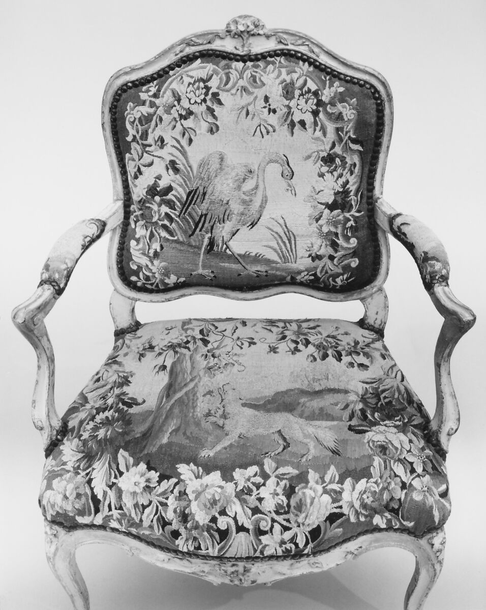 Armchair (part of a set of nine), Tapestry woven at Aubusson (Manufacture Royale, est. 1665: Manufacture, ca. 1812–present day), Carved and painted walnut; Aubusson tapestry upholstery, French