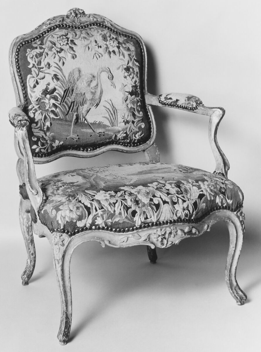 Armchair (part of a set of nine), Tapestry woven at Aubusson (Manufacture Royale, est. 1665: Manufacture, ca. 1812–present day), Carved and painted walnut; Aubusson tapestry upholstery, French 