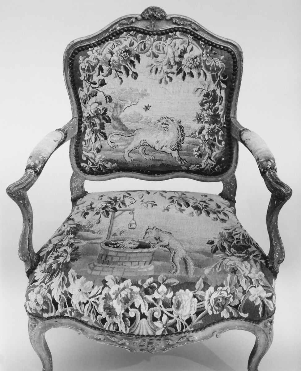 Armchair (part of a set of nine), Tapestry woven at Aubusson (Manufacture Royale, est. 1665: Manufacture, ca. 1812–present day), Carved and painted walnut; Aubusson tapestry upholstery, French