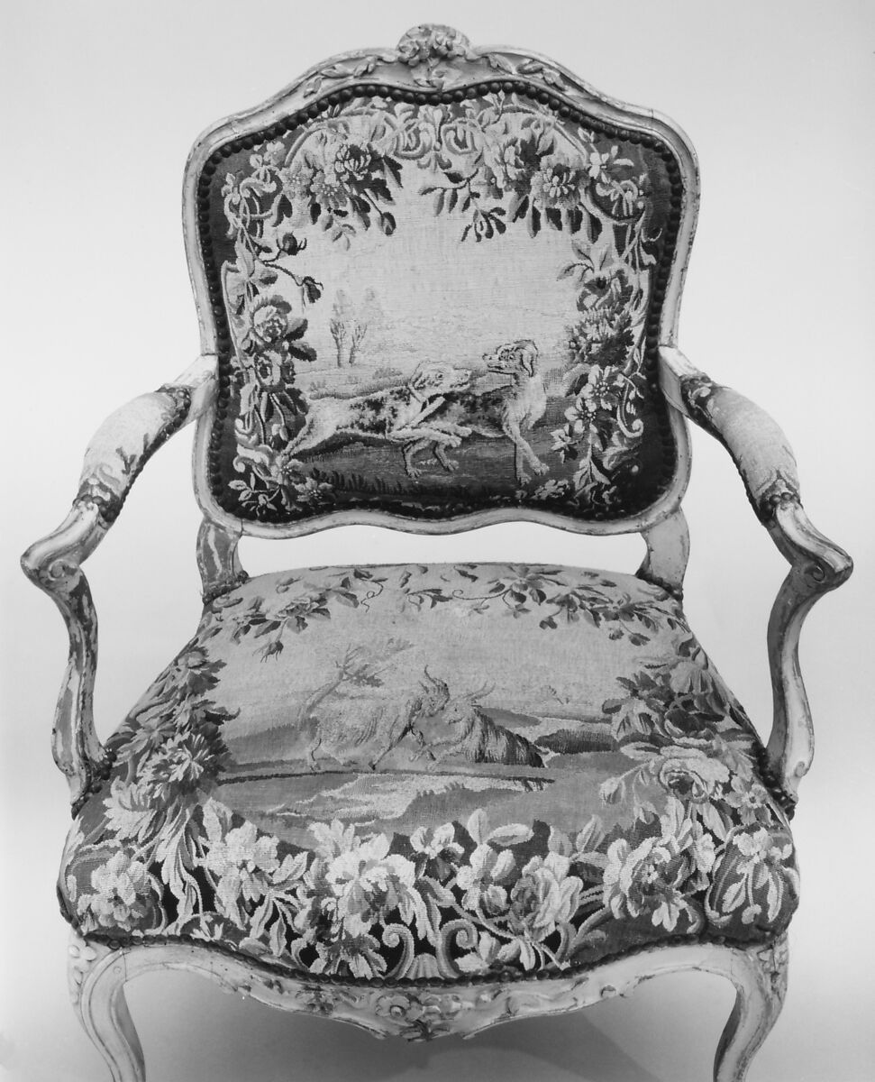 Armchair (part of a set of nine), Tapestry woven at Aubusson (Manufacture Royale, est. 1665: Manufacture, ca. 1812–present day), Carved and painted walnut; Aubusson tapestry upholstery, French