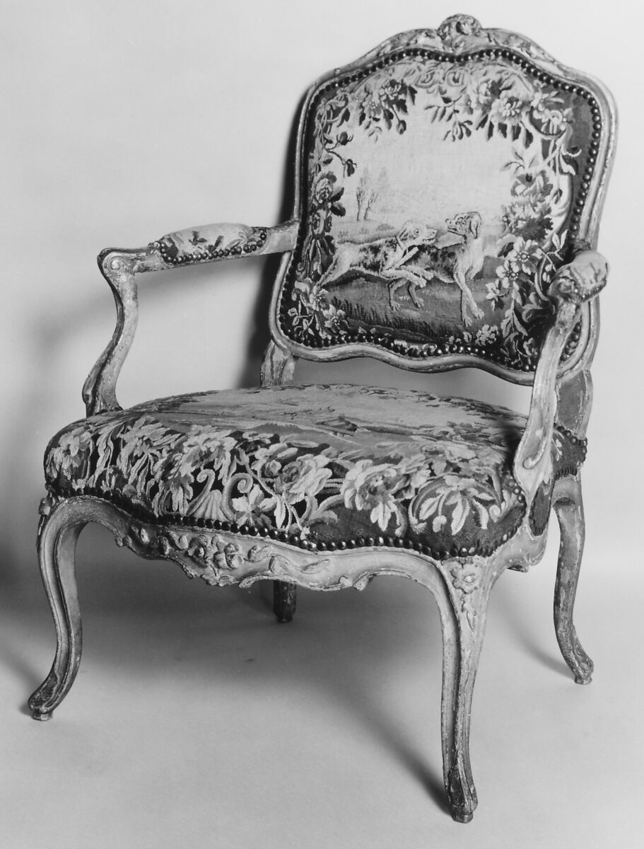 Armchair (part of a set of nine), Tapestry woven at Aubusson (Manufacture Royale, est. 1665: Manufacture, ca. 1812–present day), Carved and painted walnut; Aubusson tapestry upholstery, French 