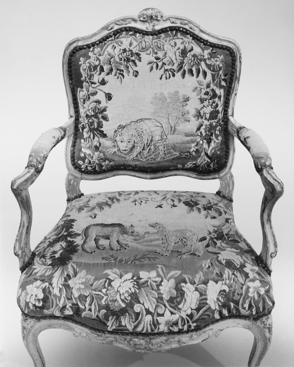 Armchair (part of a set of nine), Tapestry woven at Aubusson (Manufacture Royale, est. 1665: Manufacture, ca. 1812–present day), Carved and painted walnut; Aubusson tapestry upholstery, French
