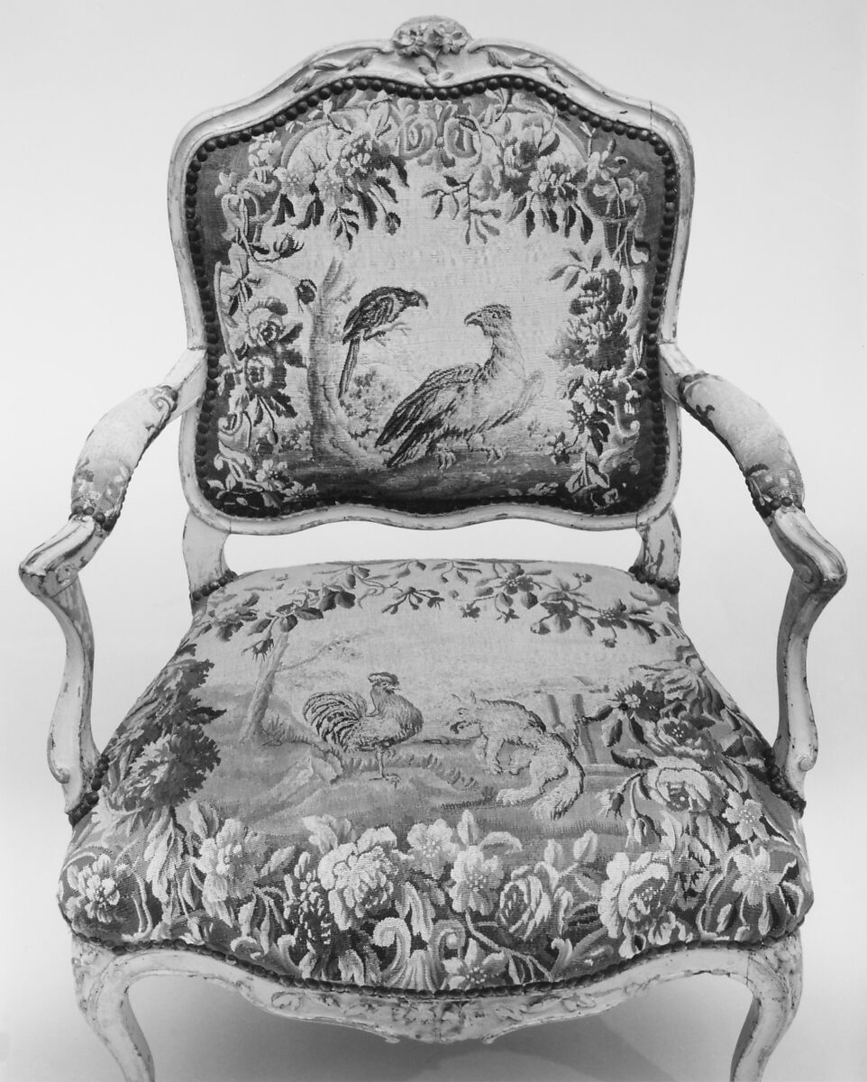 Armchair (part of a set of nine), Tapestry woven at Aubusson (Manufacture Royale, est. 1665: Manufacture, ca. 1812–present day), Carved and painted walnut; Aubusson tapestry upholstery, French