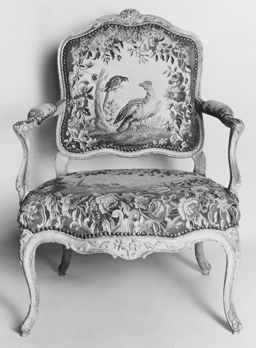 Armchair (part of a set of nine), Tapestry woven at Aubusson (Manufacture Royale, est. 1665: Manufacture, ca. 1812–present day), Carved and painted walnut; Aubusson tapestry upholstery, French 